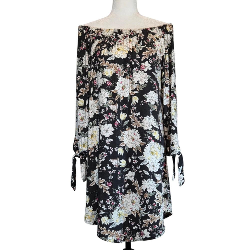 Dark Floral Off Shoulder Dress Size Medium Made in Italy Boho Romantic Feminine